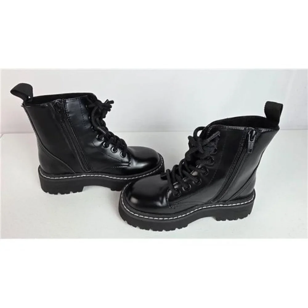 H&M Girls Black Patent Faux Leather Combat Boots Furry Lined Lace Up Zip US 12